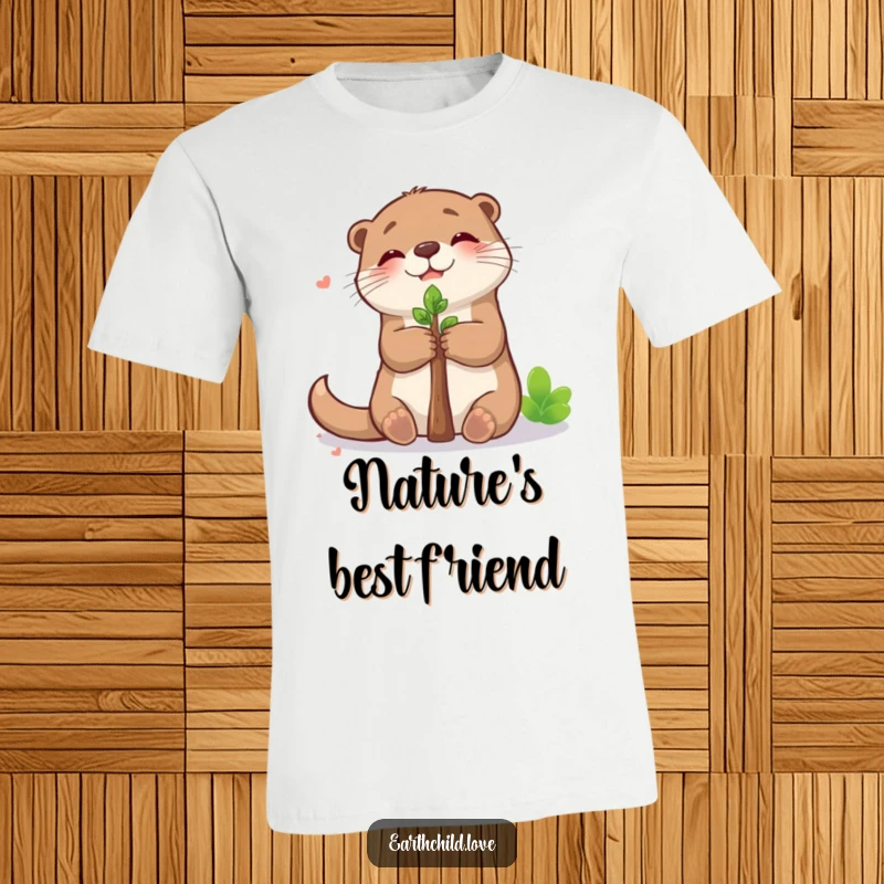 Funny kawaii otter t-shirt, a cute otter hugging a young sapling with immense joy and tenderness.