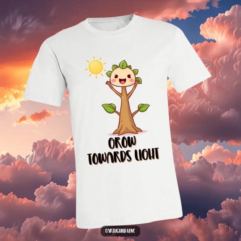Funny tree sprout t-shirt, kawaii character reaching enthusiastically towards the sun, symbolizing ambition and growth, inspirational design.