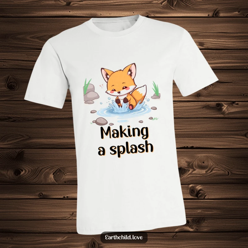 Funny kawaii fox t-shirt, a cute fox playfully splashing water in a stream with excitement.