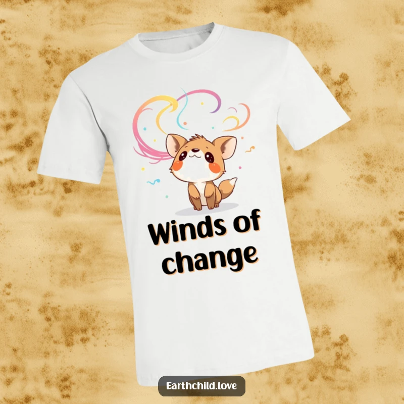 Funny curious animal character gazing upwards at colorful, swirling winds, printed on a comfortable t-shirt.