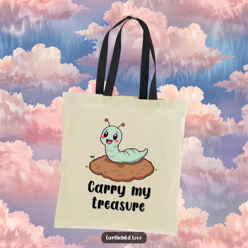 Funny Kawaii Earthworm Tote Bag showing a cute earthworm happily burrowing in soil, a practical and funny gift for gardeners.