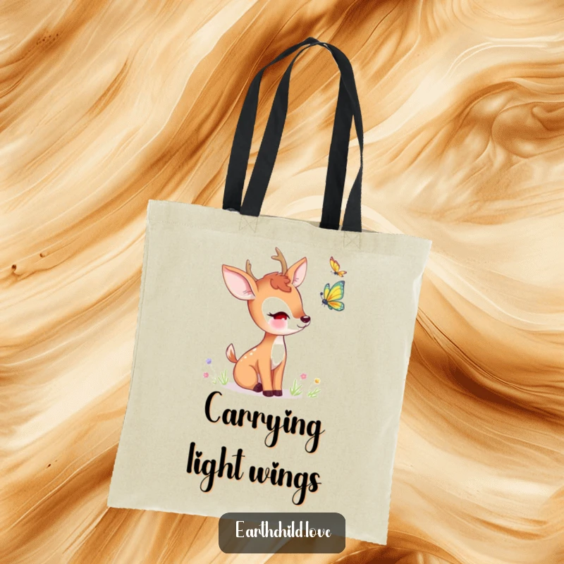 Funny kawaii deer tote bag, a cute deer curiously observing a fluttering butterfly.