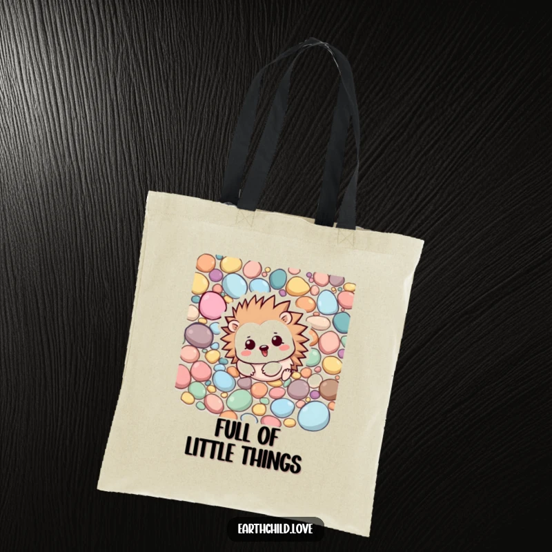 Funny Kawaii hedgehog character rolling playfully among colorful pebbles, a cute and practical tote bag.