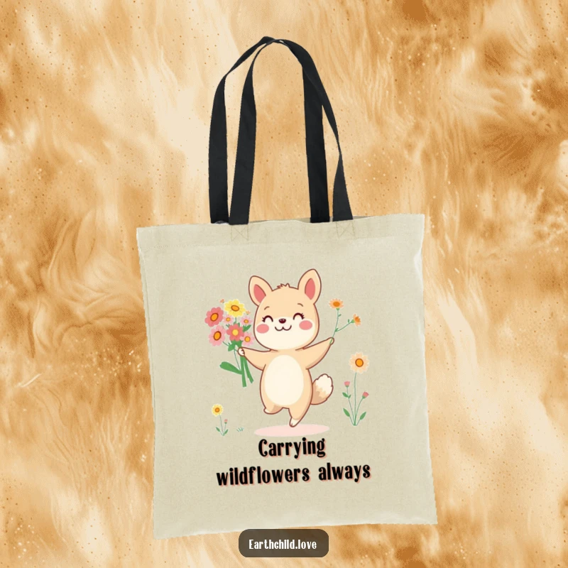 Funny cheerful animal character dancing with a bouquet of wildflowers, on a durable tote bag.