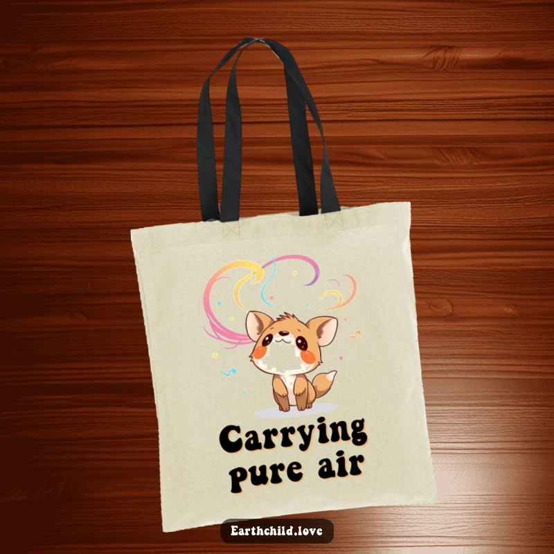 Funny curious animal character looking up at colorful, swirling winds, on a durable tote bag.