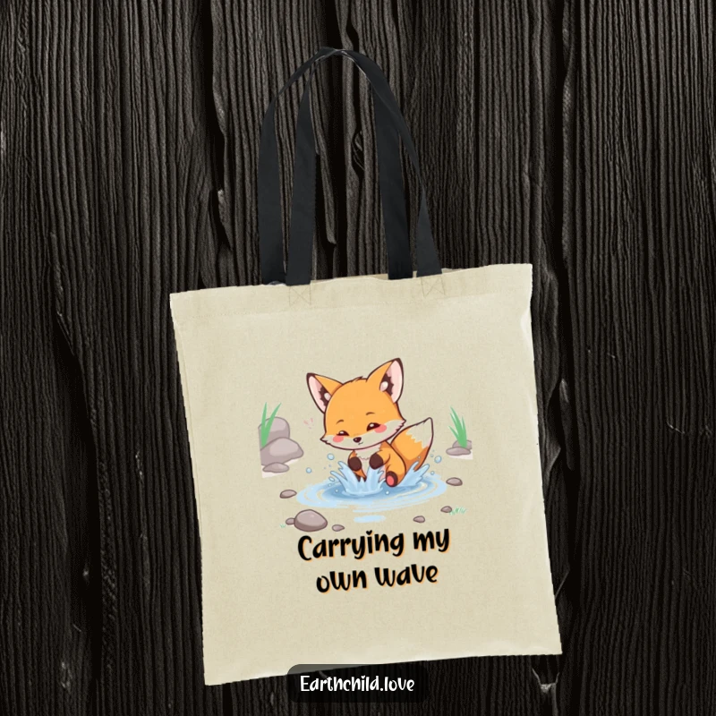 Funny kawaii fox tote bag, a cute fox playfully splashing water in a small stream.