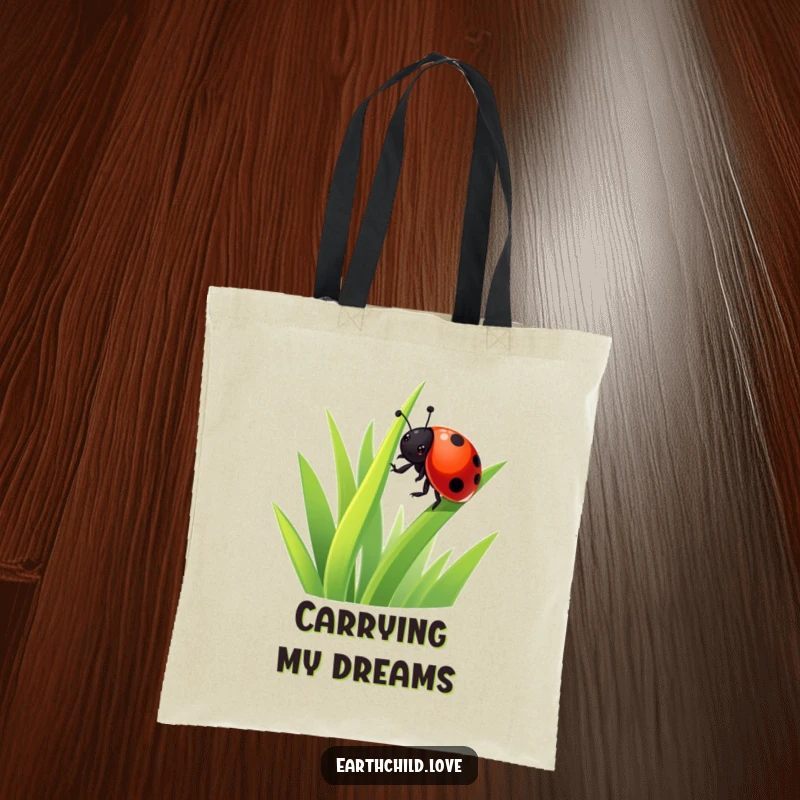 Funny Kawaii Ladybug Tote Bag with a cute ladybug climbing grass, a practical and funny accessory for everyday use and gifting.