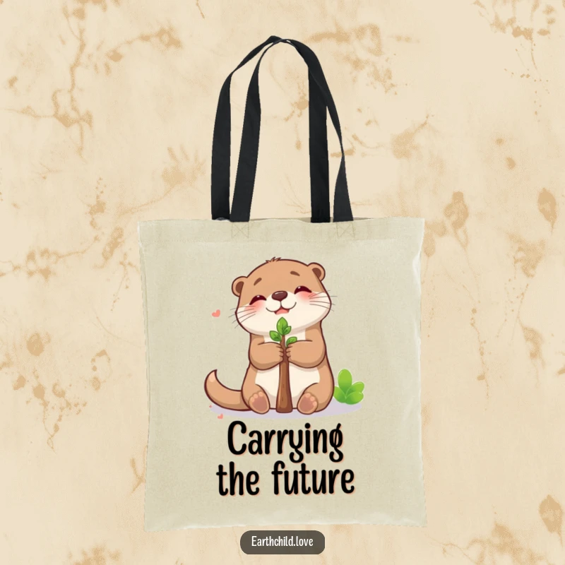 Funny kawaii otter tote bag, a cute otter joyfully hugging a small sapling, ideal for nature lovers.