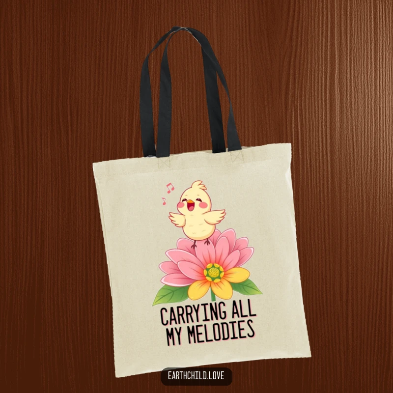 Funny Kawaii bird singing on a stylized flower, a vibrant and practical tote bag perfect for carrying essentials.
