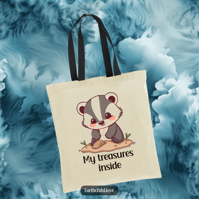 Funny Kawaii Tote Bag featuring an enthusiastic badger character digging in soft soil, perfect for carrying items with cute style.