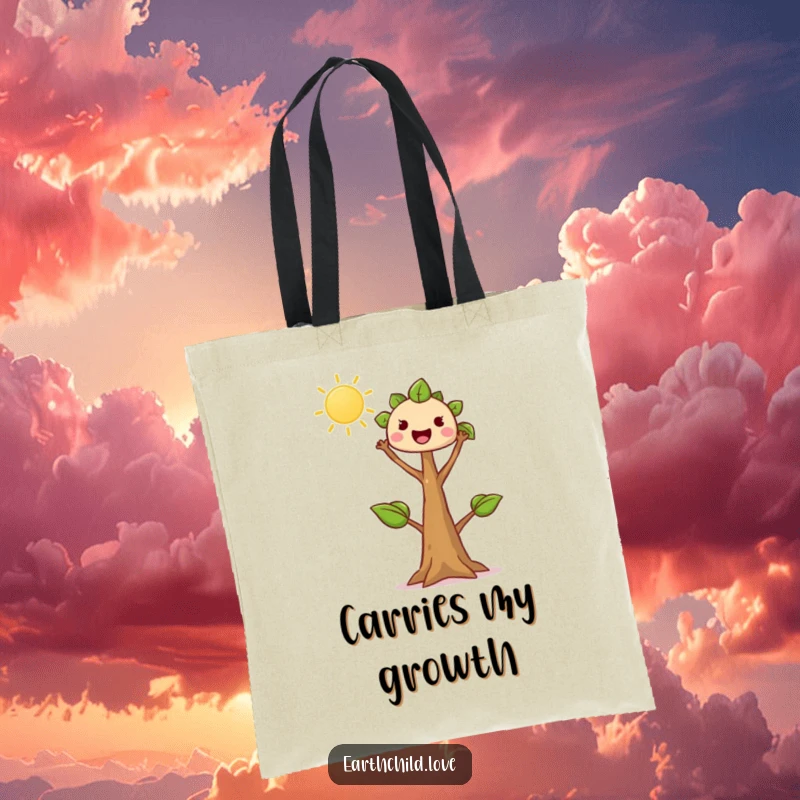 Funny tree sprout tote bag, kawaii character reaching enthusiastically towards the sun, symbolizing growth and nature, practical and cute.