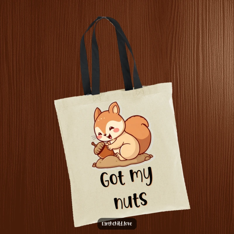 Funny kawaii squirrel tote bag, a cute squirrel burying an acorn with an excited wiggle.